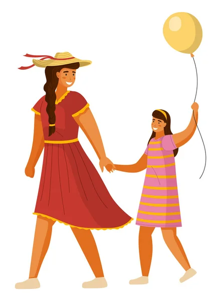 Happy family mother and daughter with balloon walking outdoors together summer day isolated on white — Stock Vector