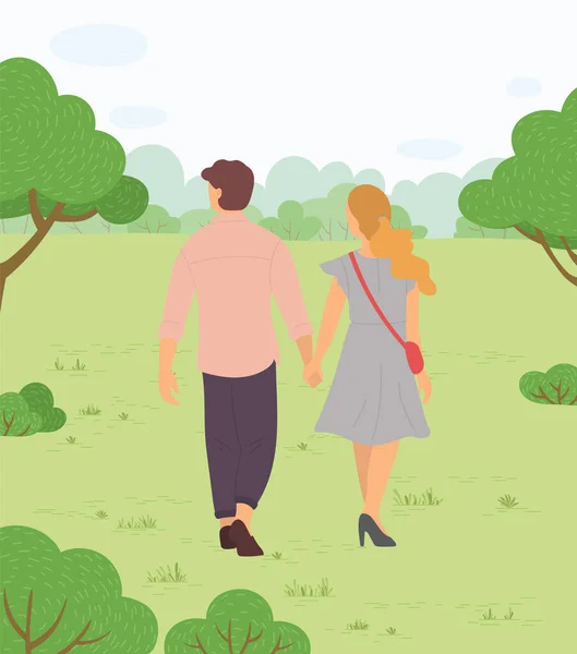 Mann und Frau, verliebtes Paar spaziert im grünen Park und blickt weit weg auf den Wald am Horizont — Stockvektor