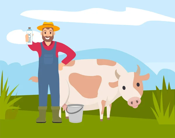 Agricultor con icono de vaca. Campesino está parado cerca de la vaca en un prado y sosteniendo una botella de leche — Vector de stock