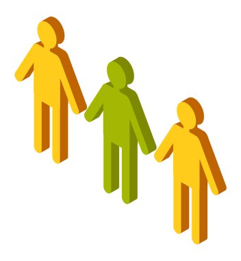 Erkek işareti. Üç kişilik siluet, el ele tutuşun, yeşil ve sarı adam simgesi