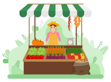 Bir kadın markette bir sebze dükkanında sebze satıyor. Sokak ticareti. Çiftçilik ve bahçıvanlık