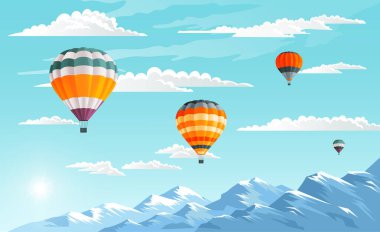 Dağlarda balon festivali. Renkli hava gemileri ya da açık mavi gökyüzünde yüzen havacılar