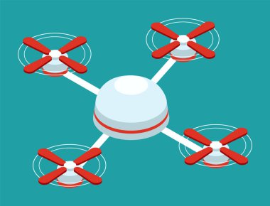 İHA vektör helikopter simgesi. Düz çift renkli kırmızı ve beyaz uçak sembolü, yuvarlak açılı mavi arkaplan