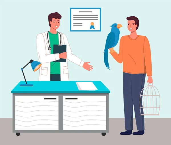 Κτηνιατρική περίθαλψη. Κτηνίατρος γιατρός μιλάει με τον άνθρωπο με το μεγάλο μπλε παπαγάλο στο ιατρικό γραφείο — Διανυσματικό Αρχείο