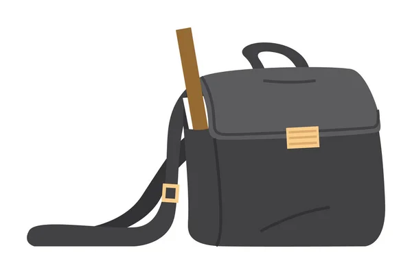 Ilustração de saco escolar preto com régua sobre fundo branco. Crianças ou professores bagagem escolar — Vetor de Stock