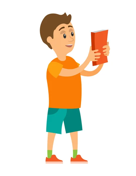 Μικρό αγόρι κρατώντας βιβλίο, παιδί ανάγνωση διάνυσμα — Διανυσματικό Αρχείο