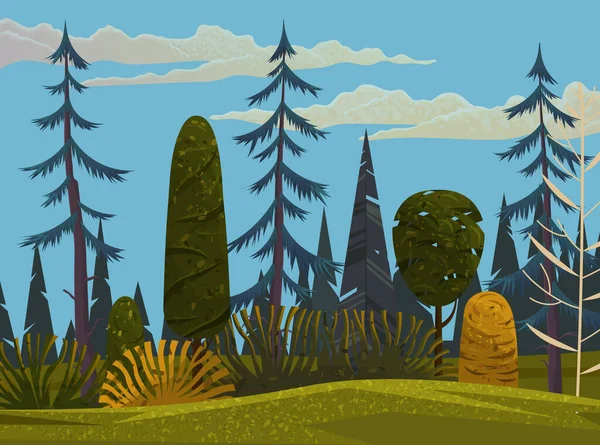 木々、茂み、スプルース、松と密な漫画の森。肥厚だよ。賑やかな緑の空間 — ストックベクタ