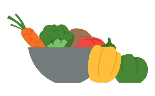 Gemüseteller, Paprika, Brokkoli, Karotten, gesunde Biolebensmittel. Flaches Vektorbild auf Weiß — Stockvektor