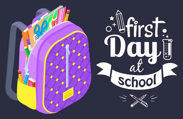 Mochila escolar roxa em um fundo azul escuro. Slogan Primeiro dia na escola. Imagem vetorial plana —  Vetores de Stock