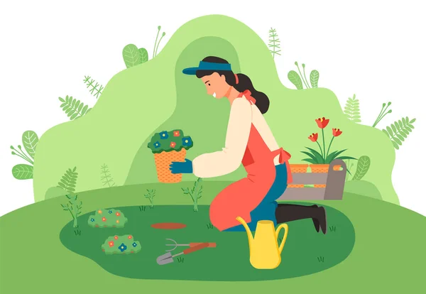В саду сидит женщина-садовница. Садовые инструменты Флористика и садоводство. Плоское изображение — стоковый вектор