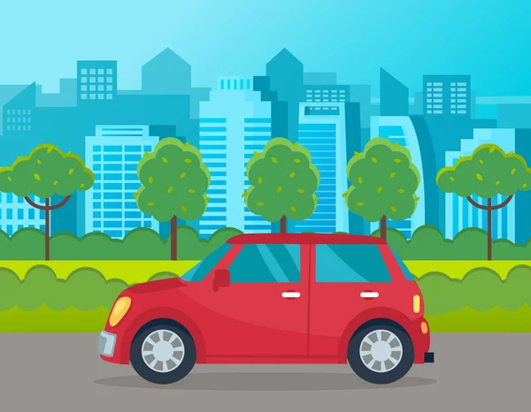 Красный маленький автомобиль в зеленом городском парке, деревья, здания на заднем плане. Плоское векторное изображение — стоковый вектор