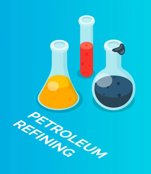 Petroquímicos. Cristalería química, aceite, limpieza de gasolina. Experimentos químicos. Imagen plana — Vector de stock