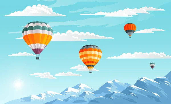 Festival dei palloncini in montagna. Dirigibili colorati o aerostatici galleggianti nel cielo azzurro — Vettoriale Stock
