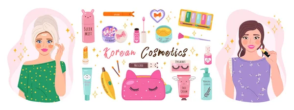 Kosmetikwerkzeuge für Make-up und koreanische Kosmetik. Beauty-Produkte Kollektion für schöne Frau — Stockvektor
