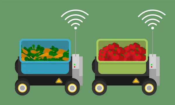 Carros móveis verdes e azuis que transportam legumes, controlados por wi-fi. Agricultura urbana moderna — Vetor de Stock