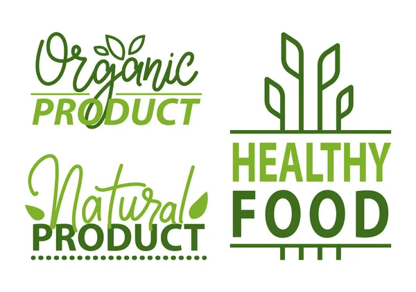Produk Organik dan Logotypes Makanan Sehat Ditata - Stok Vektor