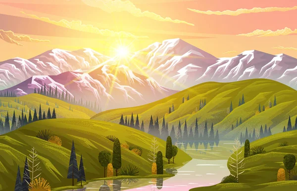 Paisaje escénico de montaña, colinas verdes, río, bosque. Rocas y madera. Puesta de sol naranja. Imagen plana — Vector de stock