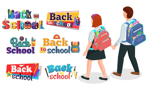 Дети ходят в школу с рюкзаками. Набор красочных букв в школу. Плоское изображение — стоковый вектор