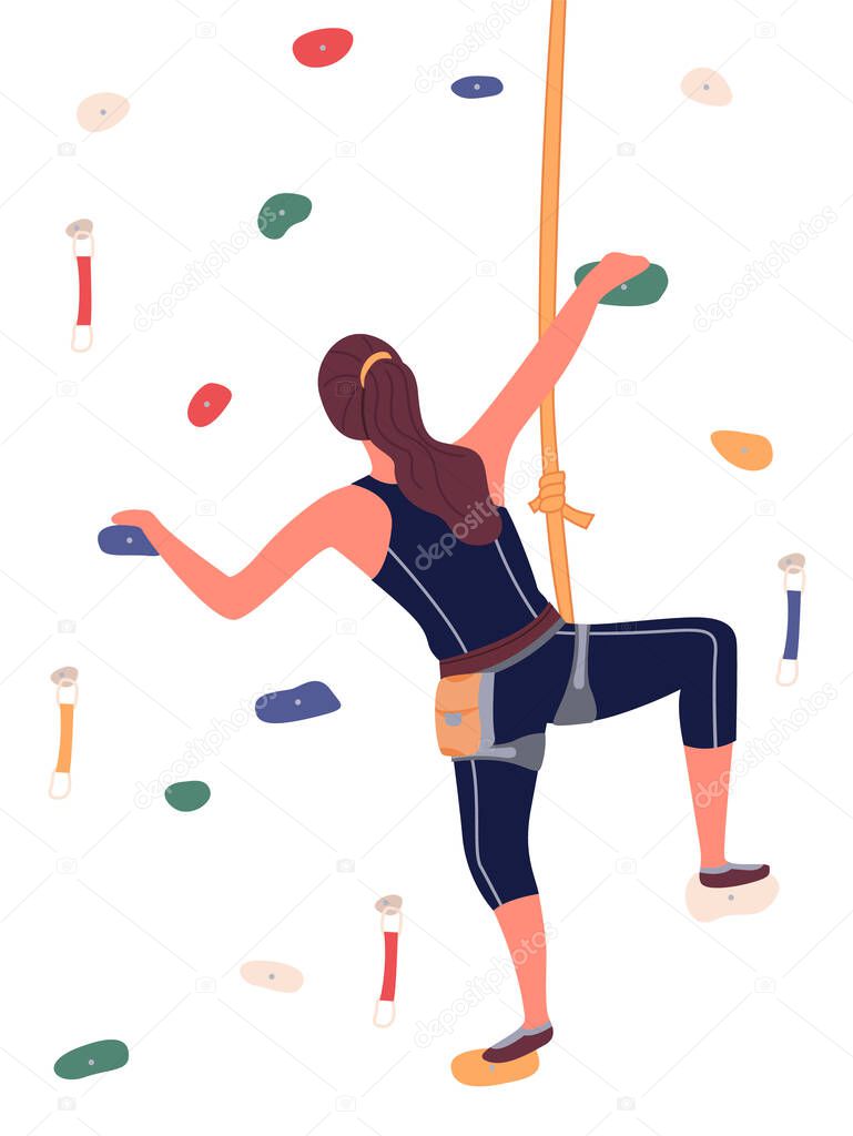 Girl is climbing in climbing hall. Bouldering equipment. Indoor activity. Flat illustration