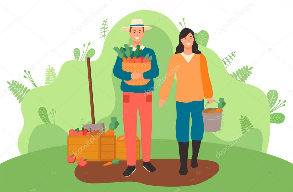 Gardeners man and woman stand with harvest in hand. Arrtaction and accumulation of capital