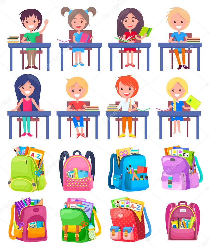 Girl and Boy Studying, Backpack Sticker Vector