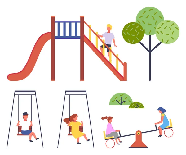 Crianças no playground, coleção, menino no slide, menino e menina no swing, meninas no up-and-down —  Vetores de Stock