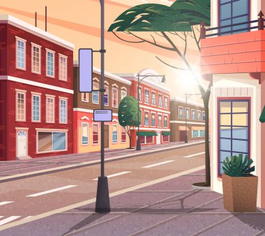 Şehrin caddesi vektör karikatürü. Ağaçlı ve sokak lambalı tarihi kentsel alanın çizimi.