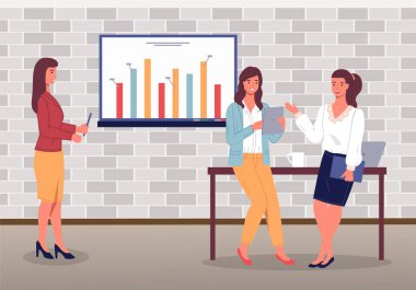 Güzel kadınlar çalışma anlarını tartışıyor. İş kadını sunumu dijital panoda.