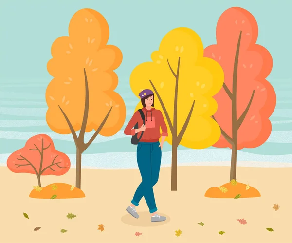 Молодая стильная девушка, гуляющая по осеннему парку рядом с желтыми деревьями, симпатичная женщина с рюкзаком — стоковый вектор