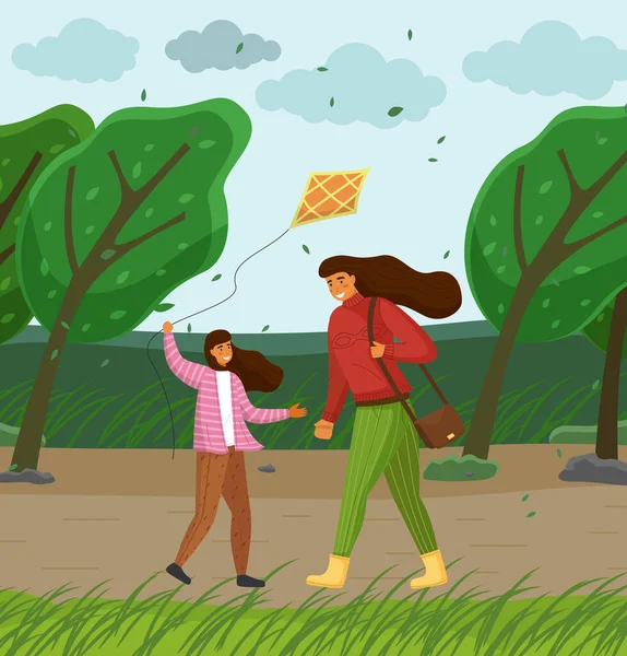 Mother and daughter in the park playing with a kite, walking in weather with a strong wind — Stock Vector