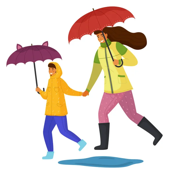 Mother and daughter spend time together on a rainy day move down the street isolated on white — Stock Vector