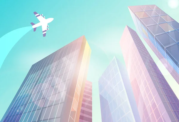 Widok na miasto z wysokimi budynkami, drapacze chmur, światło słoneczne bokeh, latający samolot, centrum biznesowe — Wektor stockowy