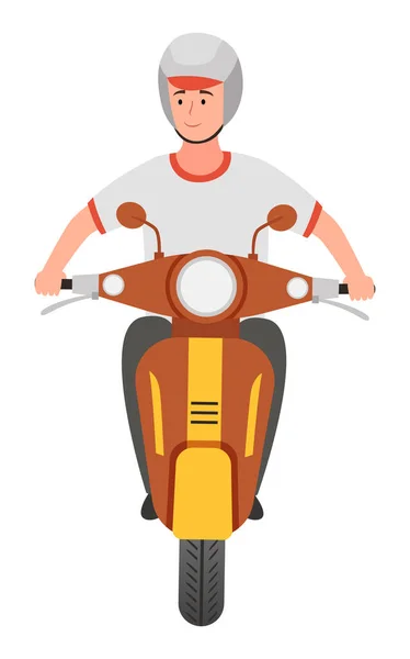 Jovem sorrindo cara vestindo capacete montando em scooter vista frontal, transporte, veículo, personagem dos desenhos animados — Vetor de Stock