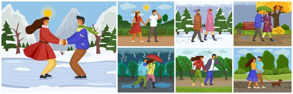 Famille différentes saisons activités de plein air, couple homme et femme marchant, passer du temps ensemble — Image vectorielle