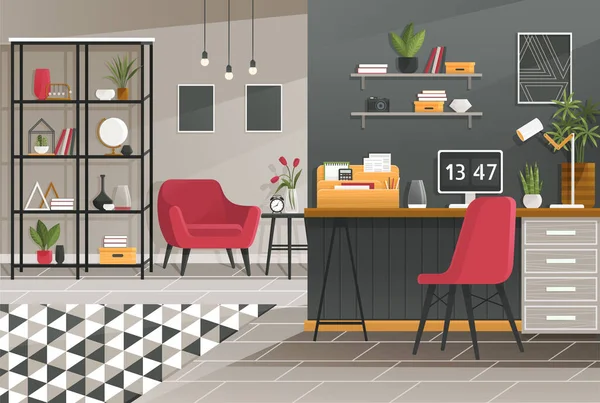 Diseño moderno del espacio de trabajo doméstico. Oficina, estudio, gabinete o interior del espacio de trabajo del hogar con muebles — Archivo Imágenes Vectoriales