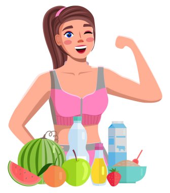 Spor blogcusu kız, pazıları, sağlıklı yiyeceği ve suyu gösteriyor. Sağlıklı yaşam hakkında bir blog. Düz resim