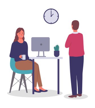 Ofisteki çalışanlar. Masada monitörlü bir kız, iş arkadaşlarıyla ya da arkadaşlarıyla buluşuyor. Düz resim