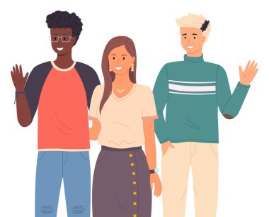 Farklı ırktan gençleri selamlıyoruz. Farklı dillerde merhaba de. Arkadaş canlısı erkekler ve kız.