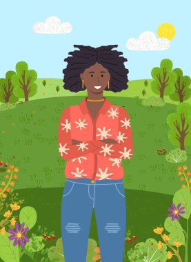 Dark-skinned young girl stands on background of green forest or park. Trees, clear sky, sun vector Dark-skinned young girl stands on background of green forest or park. Trees, clear sky, sun vector