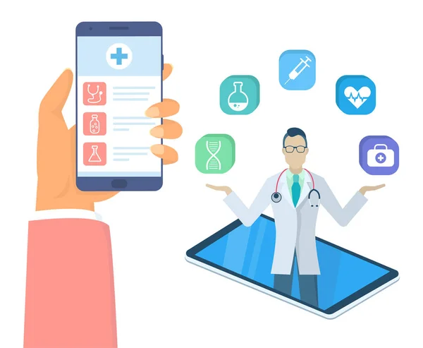 Hand holding phone with medical app, isometric doctor with medical web icons, virtual doctor help