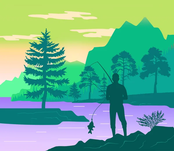 Fisherman with a fishing rod on the shore of a forest river. Silhouette of a man standing on coast and fishing