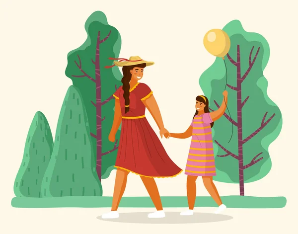 Familia feliz madre e hija con globo caminando al aire libre juntos el día de verano en el parque de la ciudad — Vector de stock