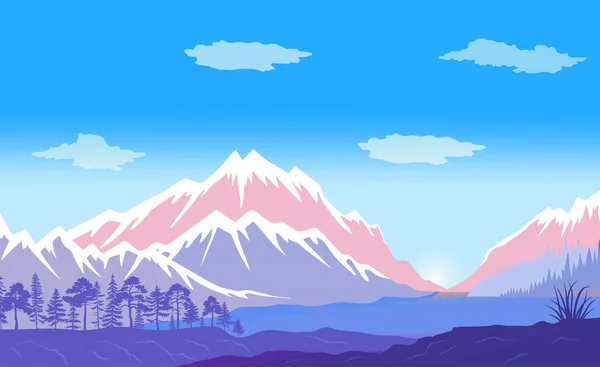 Fondo de paisaje natural con montañas, cielo claro y bosque en las colinas vector ilustración — Vector de stock