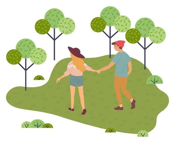 Jovem casal adolescente caminha de mãos dadas no parque. Rapariga e tipo de chapéus. Amor e relacionamento —  Vetores de Stock