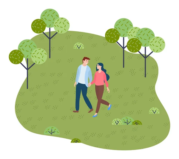 年轻夫妇手牵手在公园里散步。步行公园或森林。绿地平面矢量图像 — 图库矢量图片