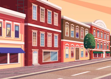 Kasabanın caddesi, tarihi şehir bölgesinin karikatür çizimi. Kaliteli tuğlalı şehir manzarası