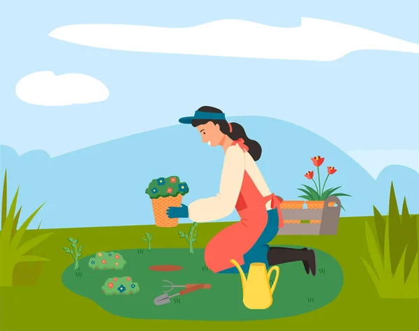 Jolie fille plantant des fleurs. Illustration de l'écologie et de la protection de l'environnement. Travaux de jardin printanier — Image vectorielle