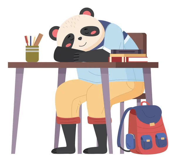 Grappige tekenfilm dier student. Heerlijk schattig panda schooljongen zit en slaapt aan een bureau — Stockvector