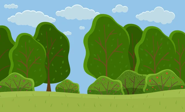 Floresta de verão, árvores grandes com folhagem forma redonda, paisagem com prado verde, arbustos e céu nublado —  Vetores de Stock