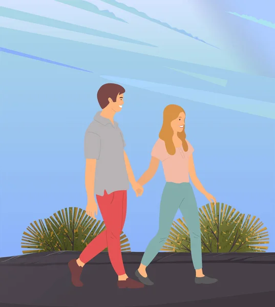 Jonge vrouw en man verliefd, elkaars hand vasthoudend, buiten wandelend. Datum van een liefdevol paar — Stockvector